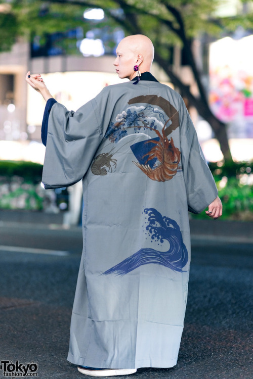 tokyo-fashion:  Japanese rock musician Shouta on the street in Harajuku wearing a vintage kimono with an oversized shirt, vintage wide leg pants, and Y-3 by Yohji Yamamoto loafers. Full Look