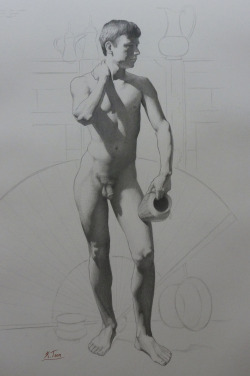kendrictonn:  “Male Model, Standing in Contrapposto, with Vase”, graphite on paper, 30″ x 22″, 2016 Kendric Tonn  |  Instagram 