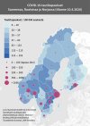 Coronavirus situation in Northern Europe, Apr.10, 2020.
In blue - cases by 100,000 population by region. Red - numbers of cases.