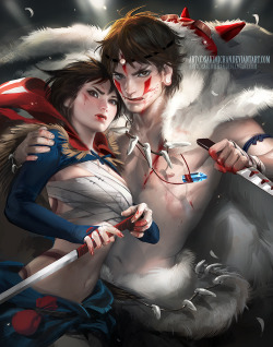 thatsthat24:  famousnoone:  sakimichan:  from two of my favorite Studio Ghibli films, I give you prince mononoke and lady howl. I had alot of fun painting this ! hope you guys like. Again please reblog from me if you want to share on your tumblr! I would