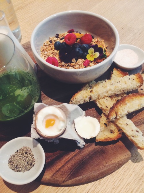 Took myself out for lunch: leaky egg with pink salt & pepper with whole grain soldiers and the y