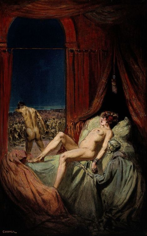 A naked man walks away from the bed with his head bowed, towards a throng of diseased &amp; dying pe