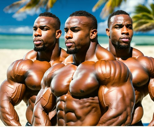 ("AI BLACK MALE TRIPLETS ON THE BEACH") This Image Was Created With AI Artificial Generated Art.
