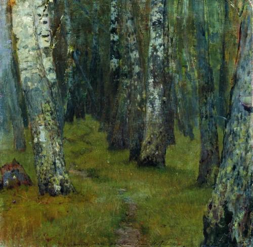 artist-levitan:Birches. Forest edge., 1885, Isaac Levitan