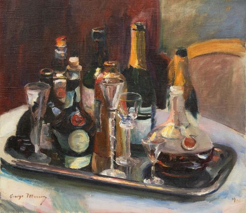 Still life with Dom Bénédictine liqueur, bottles and glasses - George Mosson, 1919.French-German,  1