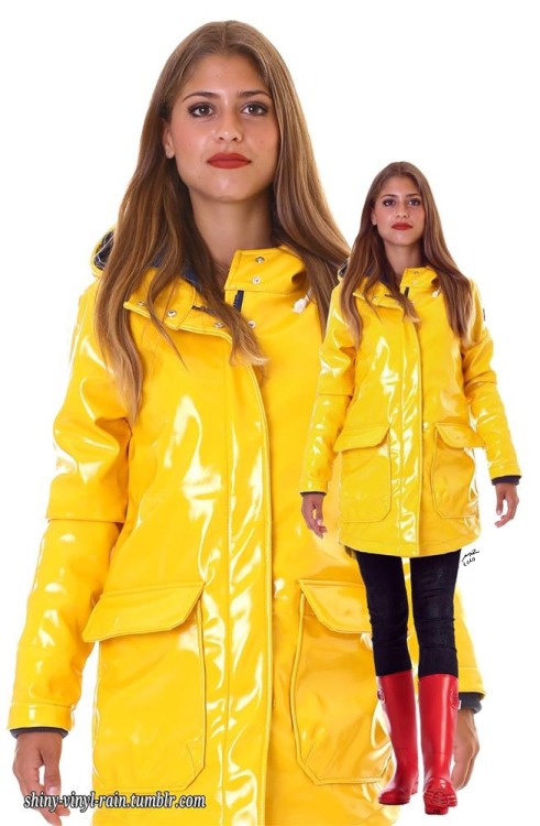 Regenoutfits-Gelber Regenmantel und Gummistiefel - Tumbex