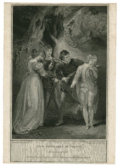 Two Gentlemen of Verona. Act V, Scene IV. Engraving by John Ogborne, from a painting by Thomas Stoth