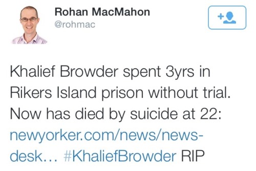 krxs10:  Teenage boy accused of taking a backpack. The courts took the next three years of his life w/o trial. Boy then commits Suicide.  A young man named Kalief Browder, 22, who spent three years on Rikers Island without being convicted of a crime,