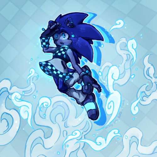 the same as the above, without the tangle of rails and branches, which reveals wispy swirly white clouds all around Sonic.