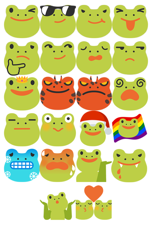 3frogs:i made a small collection of frog emojis! free to use, you can get them here !Edit: I have ad