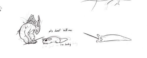 the scavenger stares sternly down at a slugcat. The slugcat's crouched down and pleading 'pls don't kill me. i'm baby'. in the next panel the slugcat has a spear through its head.