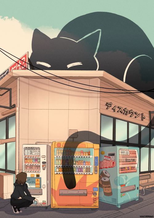 huntydraws:A convenience store cat spirit 