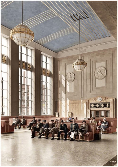 Waiting room of Newark Penn Station, New Jersey, USA, 1935 (colorized)