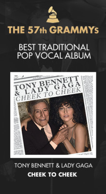 gagaroyale:  &lsquo;Cheek To Cheek&rsquo; by Tony Bennett and Lady Gaga is nominated for Best Traditional Pop Vocal Album in the 2015 GRAMMY Awards, making it her 16th nomination, in addition to 5 previous wins. Catch the awarding ceremonies for the