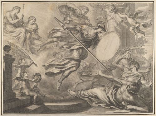 the-evil-clergyman:Minerva Armed with a Shield and Lance Attacking Three Figures by Grégoire Huret (