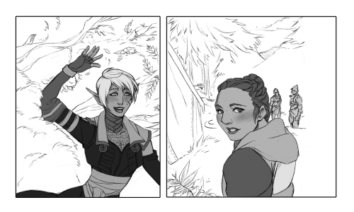 towardblue:I have no reason for this other than I thought it’d be amusing to doodle the image of smol mage Ellana taking intense-looking warrior friends out for a good time. 