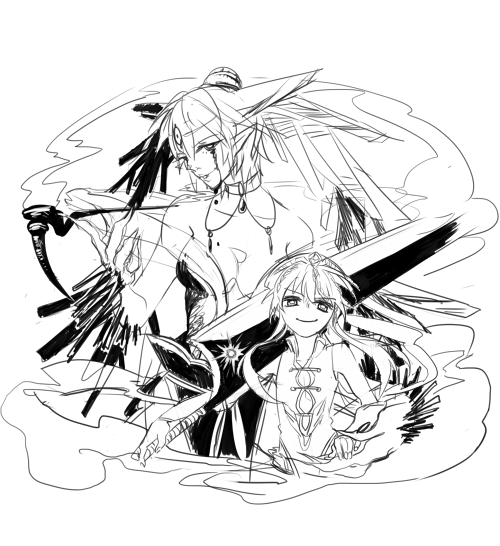 aaamph:  i wanted drawing the djinns looking cool with their masters but i got lazy so its messy \o/ and then theres alibaba and amon 
