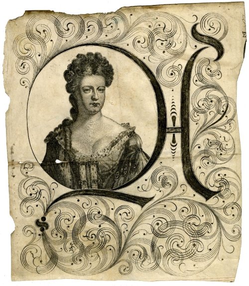 heracliteanfire: Bust portrait of Queen Anne in state robes, with hair piled high, in an oval, print