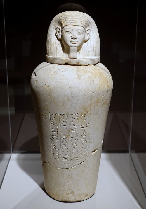 Ancient Egyptian limestone canopic jar of one Userhat.  Artist unknown; ca. 1400-1352 BCE (reign of 
