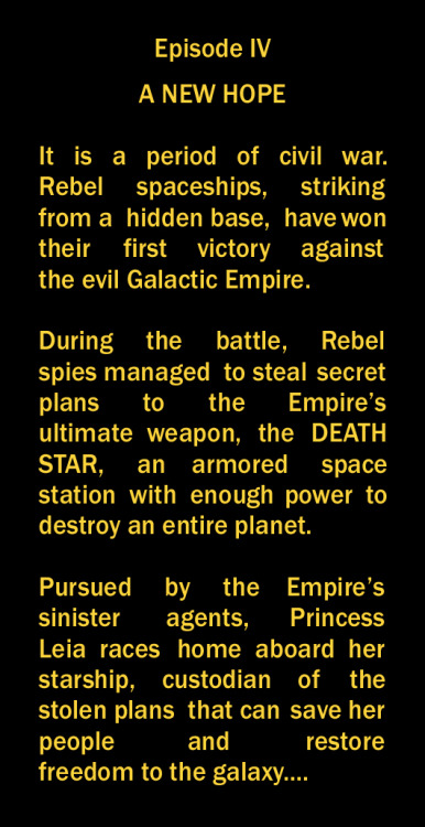 aardwolfpack:The opening crawls from all six parts of George Lucas’ Star Wars Saga.  Made in Adobe P