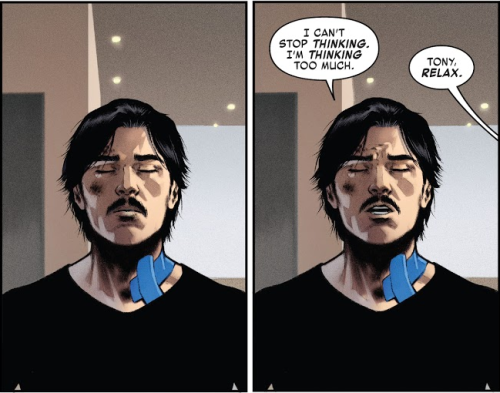 tony-stark-ing: In which I am Tony trying to meditate.Iron Man #2 (2020)