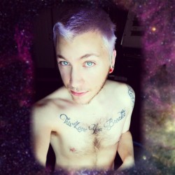 mrdonniedoomsday3:  Shirtless selfie because why not ? #gayman #gayguy #tattoo #lilacHair #blueEyes #septum #