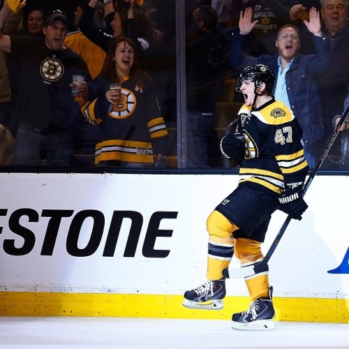 Torey Krug celebrates his second goal of the 2014 playoffs in Game 1 vs. the Habs. #NHLBruins