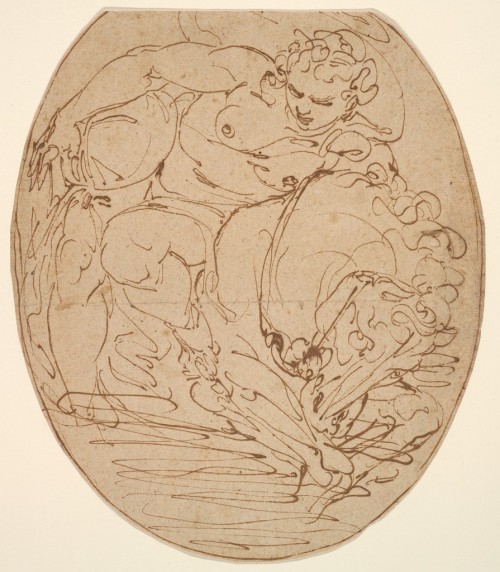 Male Nude on Horseback by Luca CambiasoItalian, 16th centurypen and brown ink on tan antique laid pa