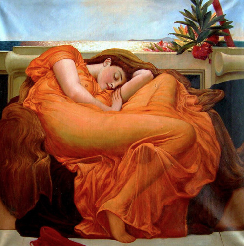 Dream-art Oil painting Frederic Leighton Flaming June nice young lady in yellow 