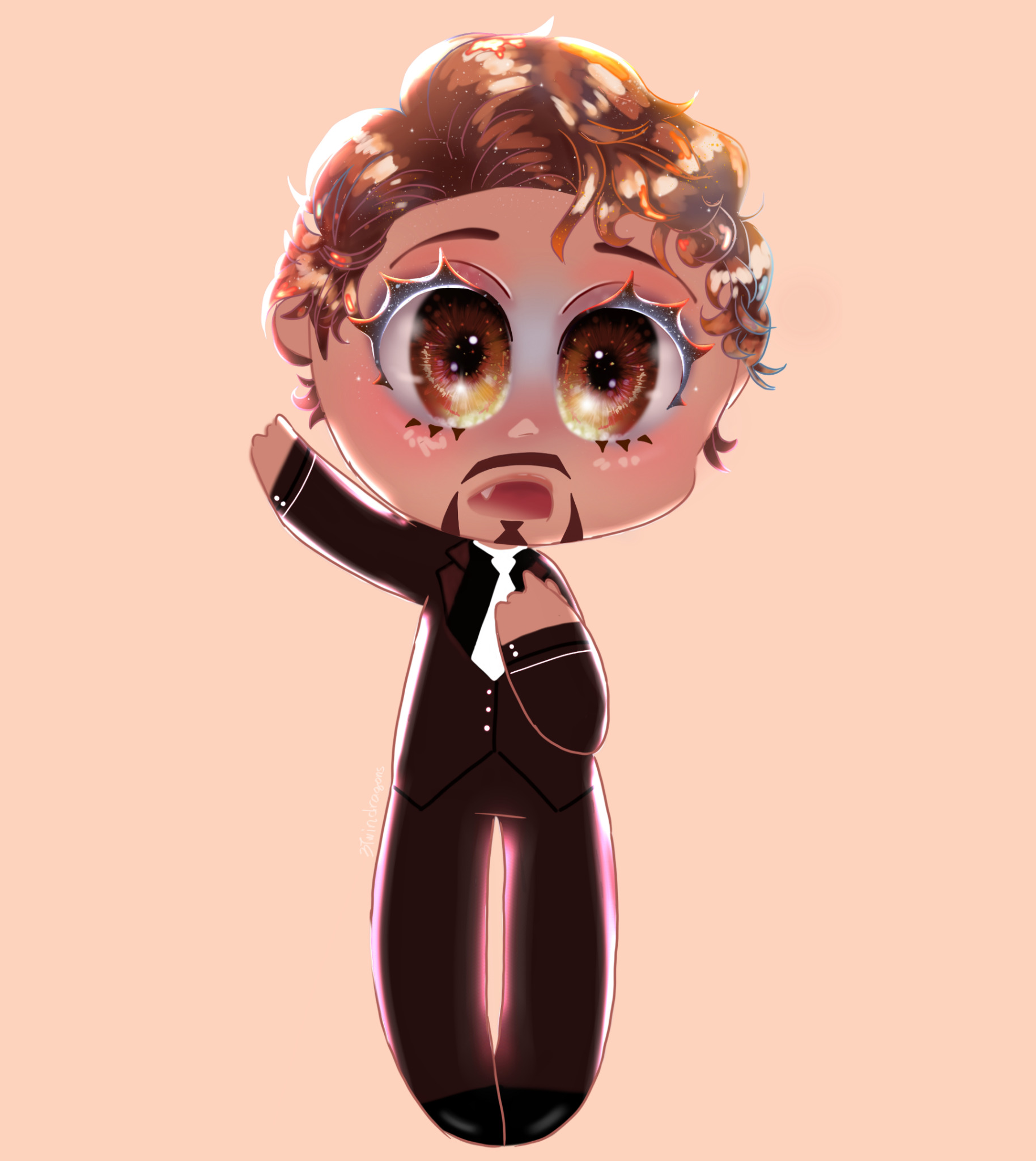 art: extremely cute Tony chibi pointing at himself