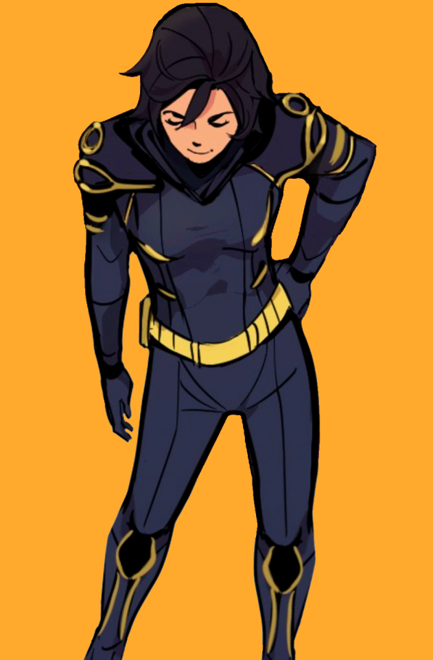 Cassandra Cain as Orphan against a yellow background. She's not wearing her hood. She has one hand on her hip.