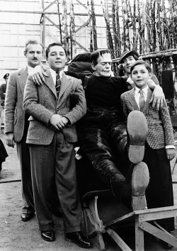 vintagegal:  Boris Karloff and family friends on the set of Son of Frankenstein (1939)