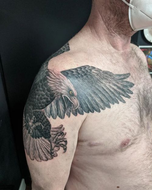 Almost done with Danny&rsquo;s epic eagle! Just need to add some background.  #eagle #eagletatto