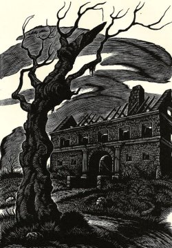 thelongvictorian: Ruined house illustration from Jane Eyre, wood engraving, Fritz Eichenberg. A novel by Charlotte Brontë, originally published on 16 October 1847. 