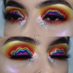 sugarpillcosmetics:Squiggly rainbow eyes, hell yeah! Who’s excited for Pride month? @rocioceja_ wears #sugarpill Love+, Flamepoint, and Buttercupcake eyeshadows.