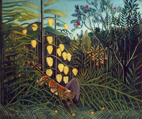 artist-rousseau:Tropical Forest: Battling Tiger and Buffalo, 1908, Henri RousseauMedium: oil,canvash
