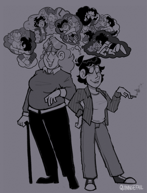 Digital, black and white sketch piece of Lawrence Gordon and Adam Stanheight, but yuri. From here out, they'll be referred to as Lauren and Addie.
The biggest part of the drawing are full body sketches of the two characters, standing side by side and looking at one another. Addie has a somewhat cocky expression, and Lauren looks flirtatious.
Surrounding them are thought bubbles, depicting the two of them in romantic and/or spicy scenarios.
They are as follows: holding hands, Addie pinning Lauren against a wall, the two laying in the grass, Lauren passionately kissing Addie again and again (as shown by the lipstick marks covering Addie's face and hand), Addie's face buried in Lauren's breasts, Lauren holding a shushing finger over Addie's mouth, Addie stradling Lauren and kissing her, and the two holding one another and locking tongues.
