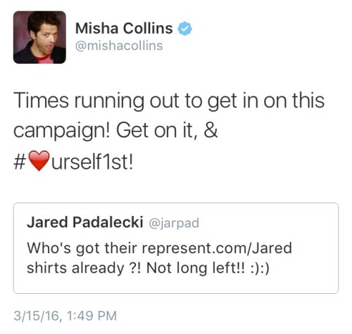 Misha, being all adorable and supporting the Love Yourself First campaign! I love that the spn cast is so supportive of each other!