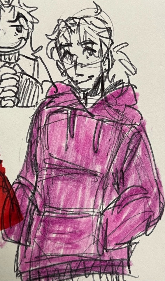 a pen drawing of Patryck in a pink hoodie