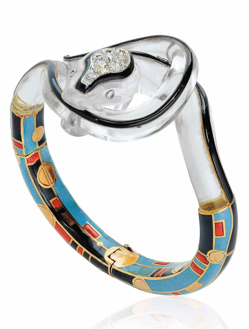 Art Déco bangle by Janesich in rock crystal in the form of a snake enhanced with black enamel and di