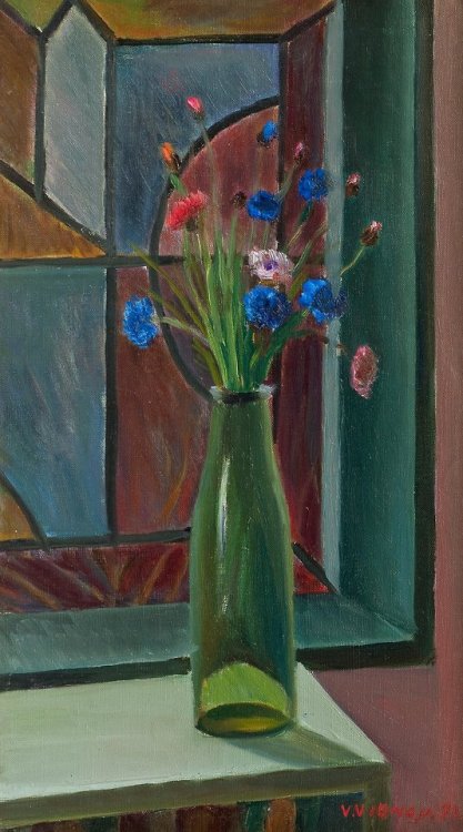 Flowers in a vase    -    Veikko Vionoja , 1972Finnish, 1909-2001Oil on board, 56 x 34 cm. (22 x 13.