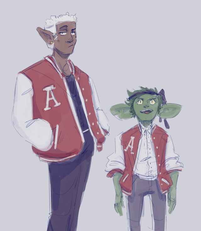 [ID: A digital sketch of Fabian and Riz from Fantasy High. Both are wearing letterman jackets, and standing facing the viewer. Fabian seems unimpressed while Riz looks excited. End ID]