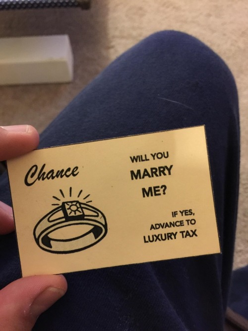 giraffepoliceforce:  mymodernmet:  Man Builds Custom-Made Monopoly Board to Propose to His Girlfriend  That man has a lot of guts, assuming anyone will still love him halfway through a game of Monopoly. 