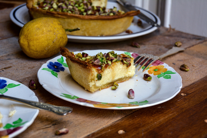 food52: Perfect breakfast pie. Maltese Ricotta Pie with Lemon Syrup and Pistachios via