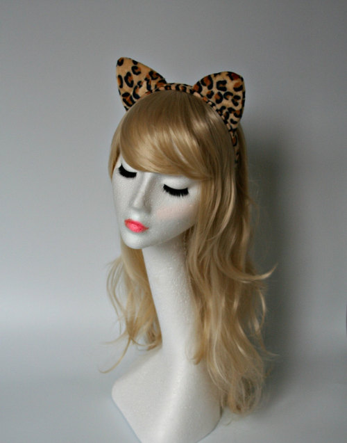 Fur Cat Ears Headband Animal Leapard Print Black Cat costume Cat woman halloween Ariana Grande Cute 
