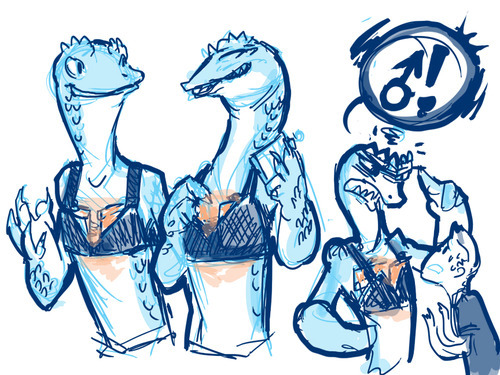 chakrabot:  harblkun:  hookteeth:  beltaguise:  Fantasy lizard people where the females don’t have breasts they just figured out that bras are perfect for holding heat packs. Fantasy lizard people where the males figured this out too and can’t understand