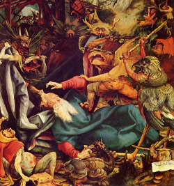 thecompassionatehedonist:  “The Temptation of Saint Anthony” by Matthias Grünewald, part of the Isenheim Altarpiece 