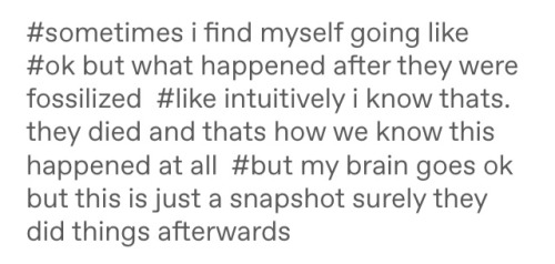 A set of tags from user catgirlbionics which reads: #sometimes i find myself going like #ok but what happened after they were fossilized #like intuitively i know thats. they died and thats how we know this happened at all #but my brain goes ok but this is just a snapshot surely they did things afterwards