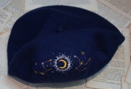 sosuperawesome:Embroidered Celestial BeretVelvet Moon Moth on EtsySee our #Etsy or #Embroidery tags