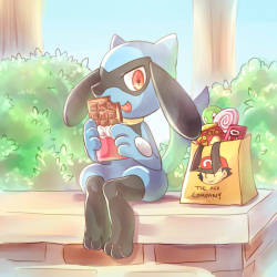 kira-summit:  Febraury Art Challenge!  Day 24-Favorite Sinnoh Pokémon: Riolu And his evolution, too. Choco fan, same as me! :DDD 